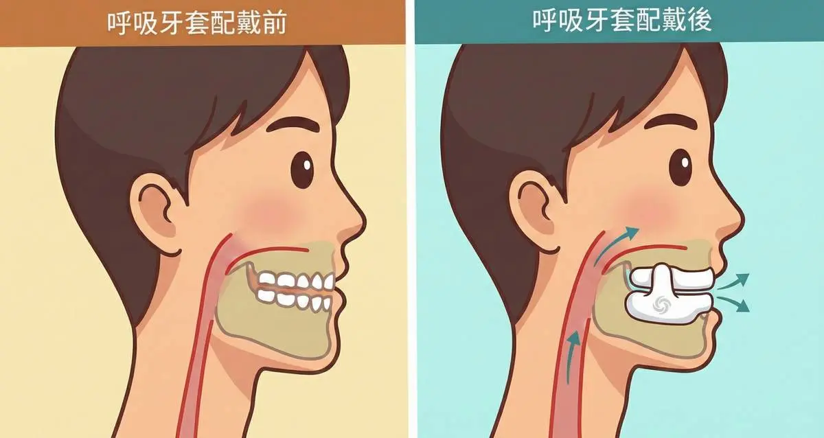 呼吸牙套運作原理示意圖。透過配戴裝置將下顎微幅前伸，物理性撐開咽喉部呼吸道空間，保持氣流通暢。（圖／OSAWELL 提供，經 AI 輔助繪製）